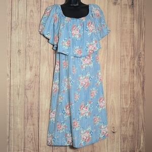 Philosophy Floral Blue Dress Ruffle Detail chambray Off The Shoulder Dress XL